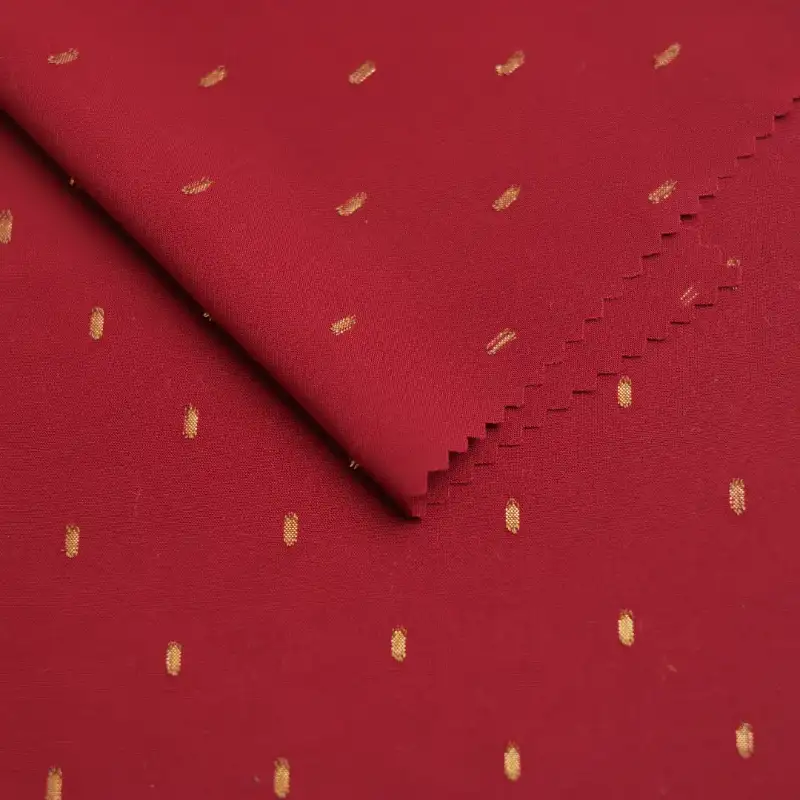 China Fabric for Shirt,Blouse,Skirt,Shirt Long Sleeve Button (Sweater),Over Shirt Rayon Jacquard Natural Woven Fabric Rayon Polyester Red With Gold Lurex color buy from China wholesaler bulk order at wholesale price free worldwide shipping Alibaba