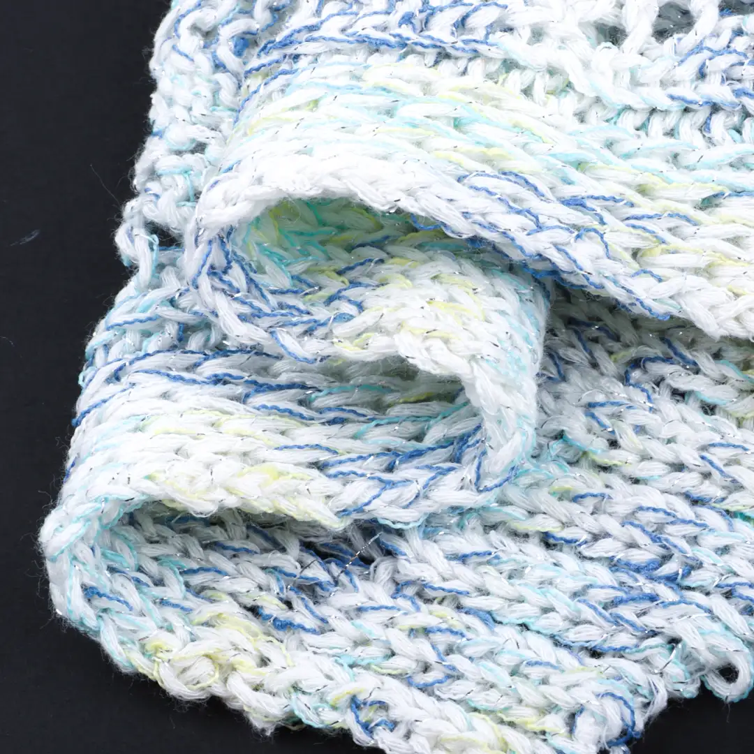 China Yarn for Crop Top,Round Neck Pullover (Sweater),Crew Neck Pullover (Sweater),Crop Top Pullover (Sweater) Twisted Yarn Twisted Yarn BCI Cotton Recycled Polyester Lurex Blue and white and yellow color buy from China wholesaler bulk order at wholesale price free worldwide shipping Alibaba