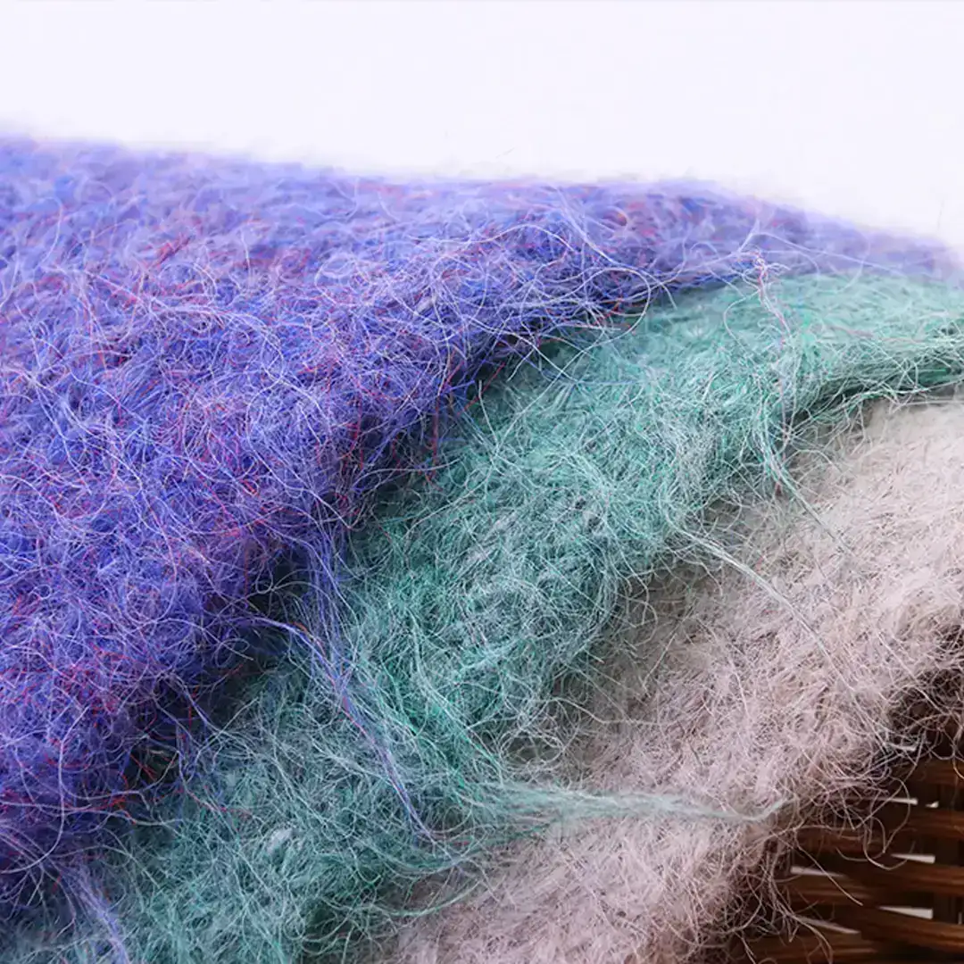 China Yarn for Open Cardigan (Sweater),Knitted Jacket (Sweater),Round Neck Pullover (Sweater) Mossy Yarn Fancy Yarn Nylon Acrylic Recycled Polyester Polyester Elastane Wool green、purple、apricot color buy from China wholesaler bulk order at wholesale price free worldwide shipping Alibaba