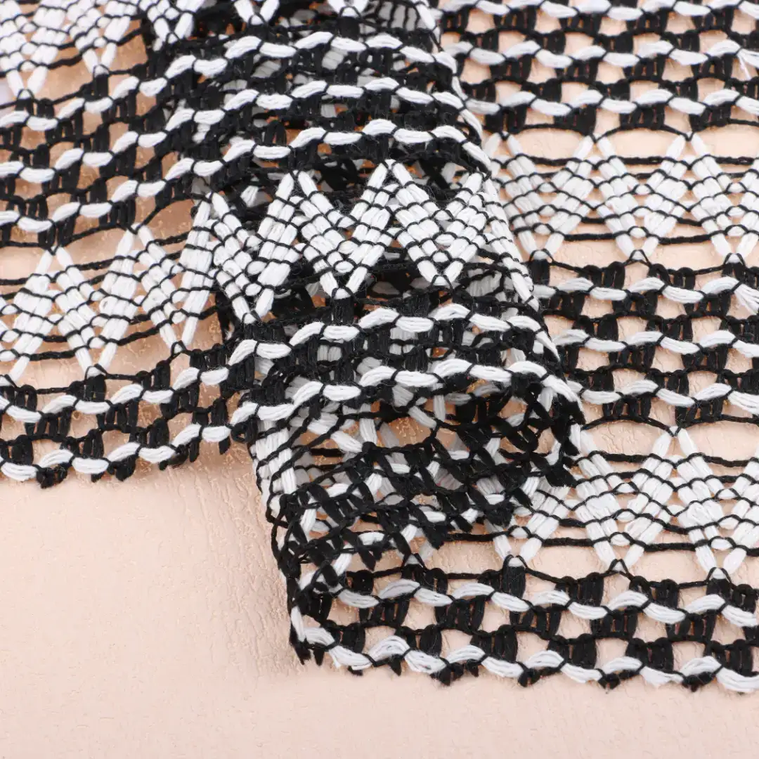 China Fabric for Ladies Vest ,Dresses (Cardigan Open)  Lace Knit Fabric Polyester Cotton Black and white color buy from China wholesaler bulk order at wholesale price free worldwide shipping Alibaba