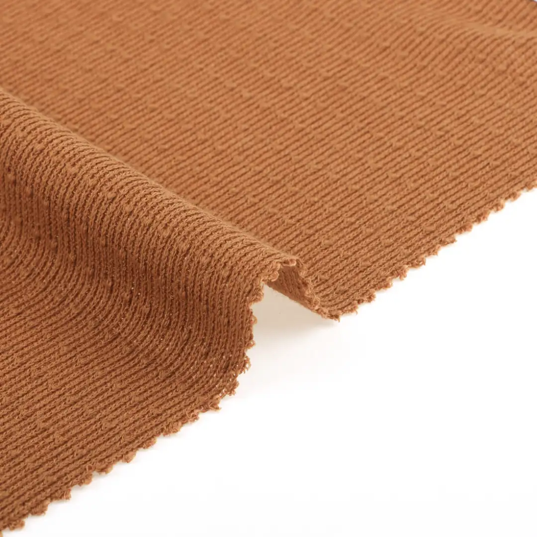 China Fabric for T-Shirt,Shorts Weft Jacquard Knit Fabric Polyester Rayon Spandex Caramel color buy from China wholesaler bulk order at wholesale price free worldwide shipping Alibaba