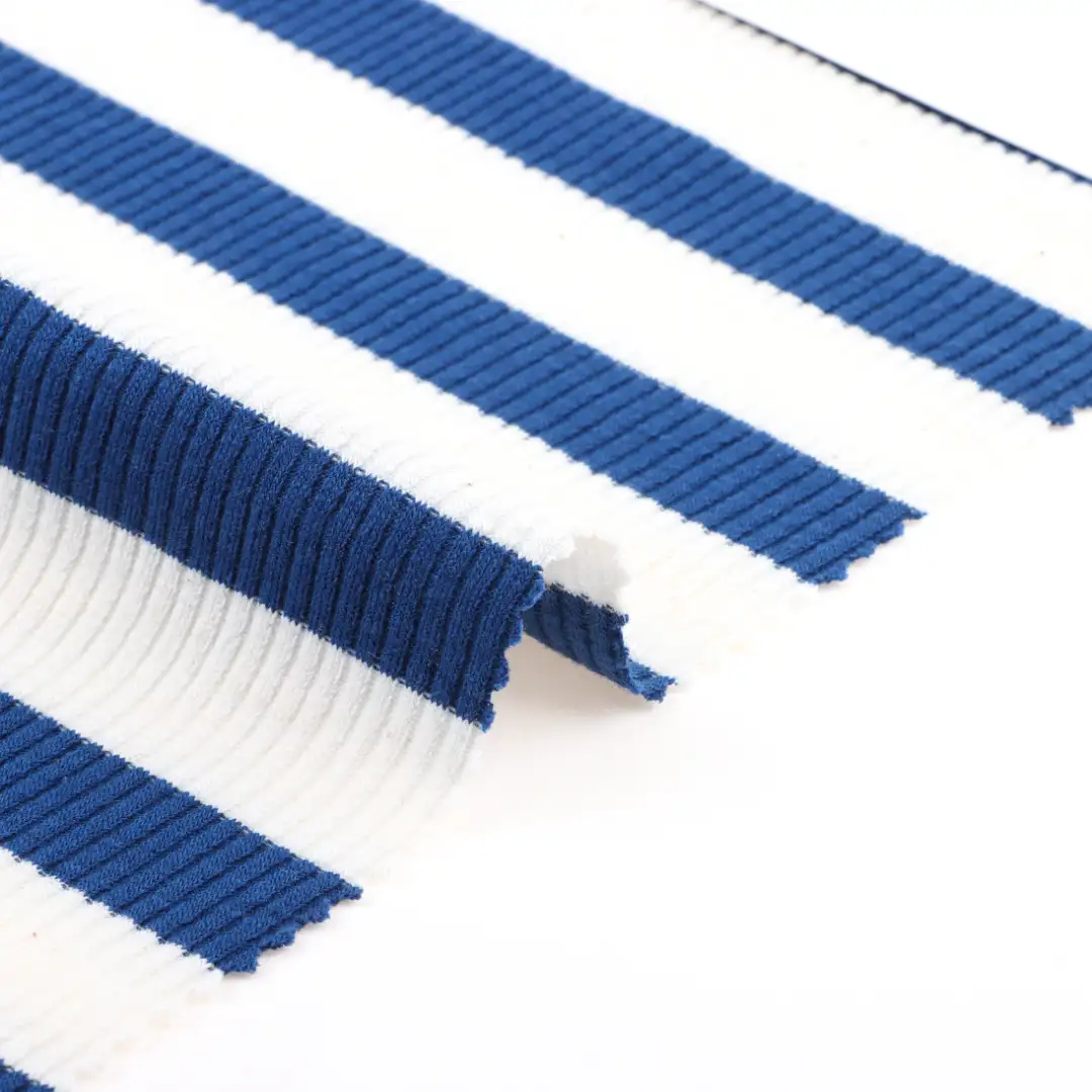China Fabric for Polo Shirt,Crop Top,Loungewear Rib Knit Fabric Polyester Cotton Spandex Blue and white color buy from China wholesaler bulk order at wholesale price free worldwide shipping Alibaba