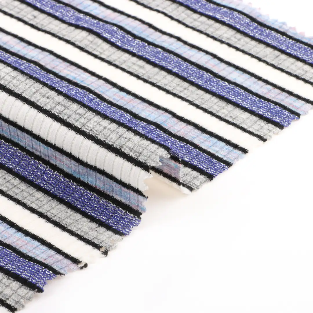 China Fabric for Crop Top,Half-Zipper Cardigan ,Dresses (Cardigan Open) ,Dresses (Cardigan Button)  Rib Knit Fabric Viscose Polyester Lurex Spandex Blue, white and grey color buy from China wholesaler bulk order at wholesale price free worldwide shipping Alibaba