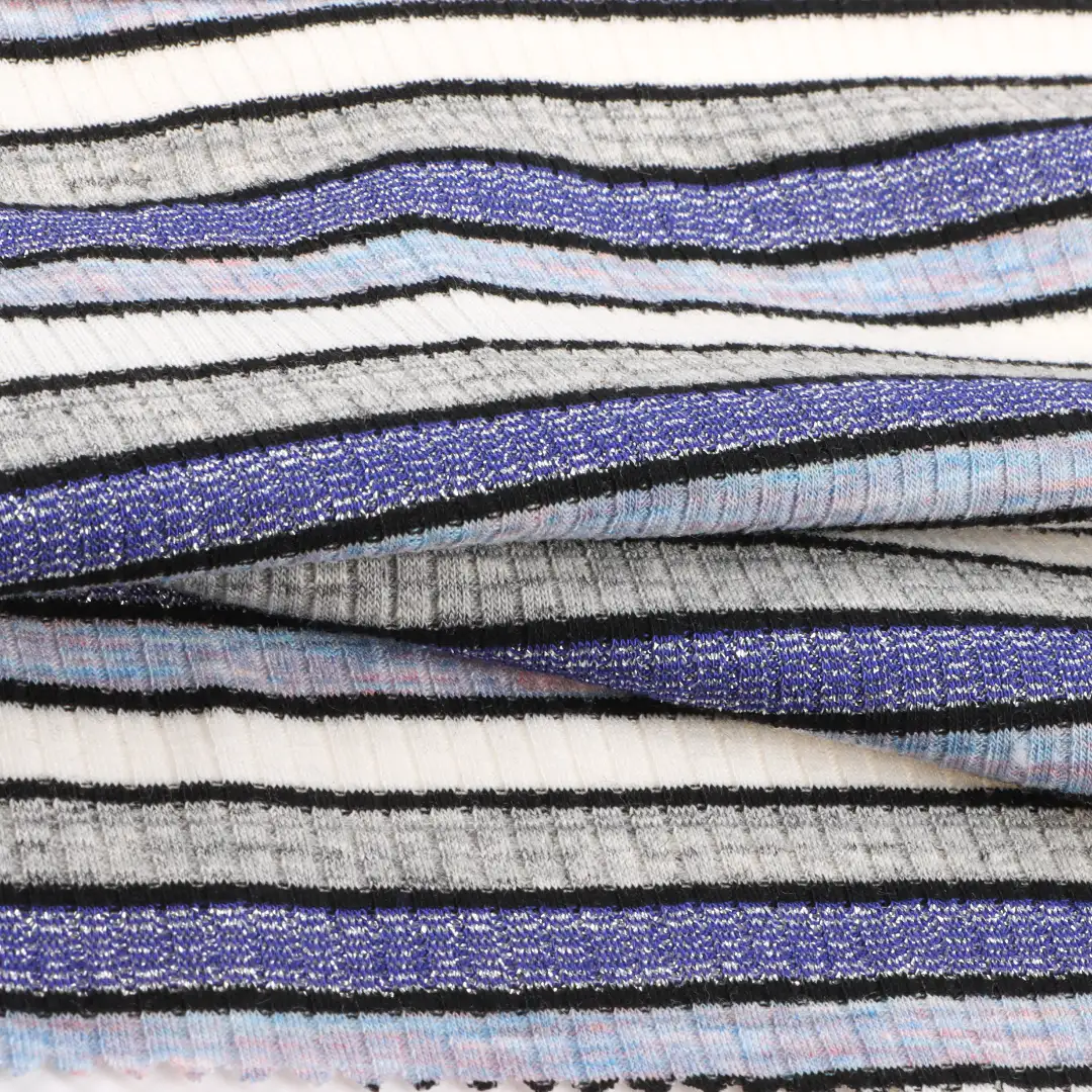 China Fabric for Crop Top,Half-Zipper Cardigan ,Dresses (Cardigan Open) ,Dresses (Cardigan Button)  Rib Knit Fabric Viscose Polyester Lurex Spandex Blue, white and grey color buy from China wholesaler bulk order at wholesale price free worldwide shipping Alibaba