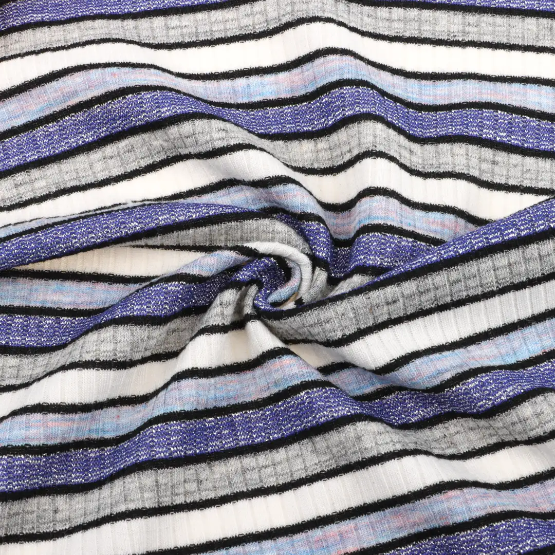 China Fabric for Crop Top,Half-Zipper Cardigan ,Dresses (Cardigan Open) ,Dresses (Cardigan Button)  Rib Knit Fabric Viscose Polyester Lurex Spandex Blue, white and grey color buy from China wholesaler bulk order at wholesale price free worldwide shipping Alibaba