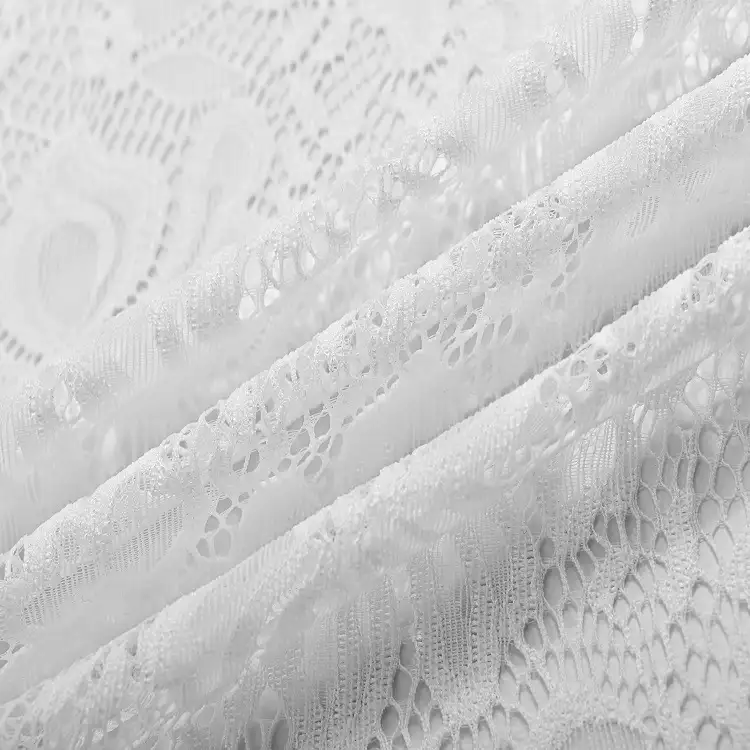 China Fabric for Skirt Lace Knit Fabric Nylon Spandex White color buy from China wholesaler bulk order at wholesale price free worldwide shipping Alibaba