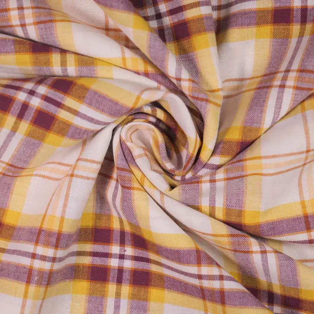 China Fabric for Shirt,Skirt,Sleeveless Waist Shirt,Button Half-Placket Long Sleeve Shirt Yarn Dyed Check Natural Woven Fabric Cotton yellow-white-dark red color buy from China wholesaler bulk order at wholesale price free worldwide shipping Alibaba