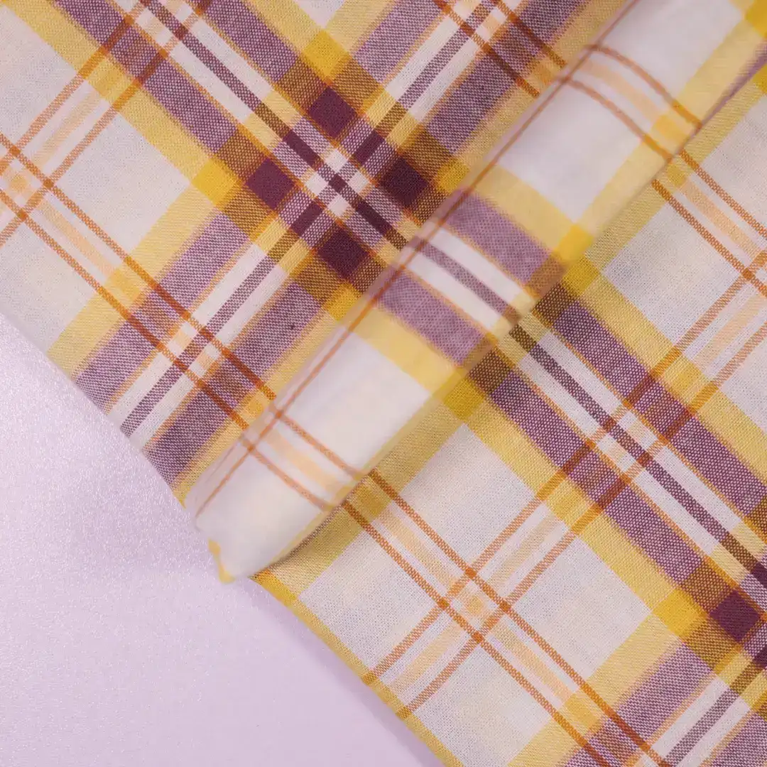 China Fabric for Shirt,Skirt,Sleeveless Waist Shirt,Button Half-Placket Long Sleeve Shirt Yarn Dyed Check Natural Woven Fabric Cotton yellow-white-dark red color buy from China wholesaler bulk order at wholesale price free worldwide shipping Alibaba