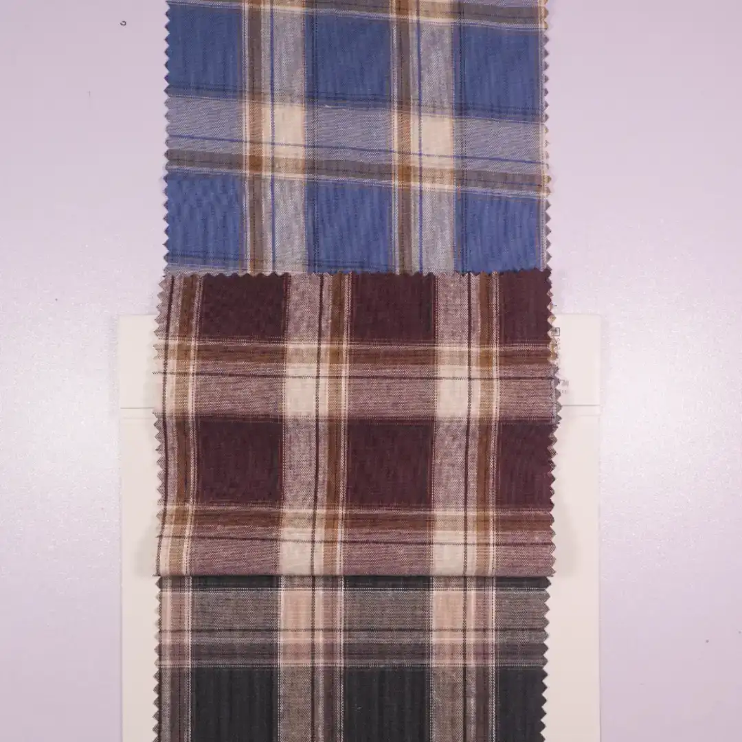 China Fabric for Shirt,Big Pockets Shirt Dress,Stand Collar Double-Breasted Shirt Yarn Dyed Check Woven Blended Fabric Cotton Rayon blue color buy from China wholesaler bulk order at wholesale price free worldwide shipping Alibaba