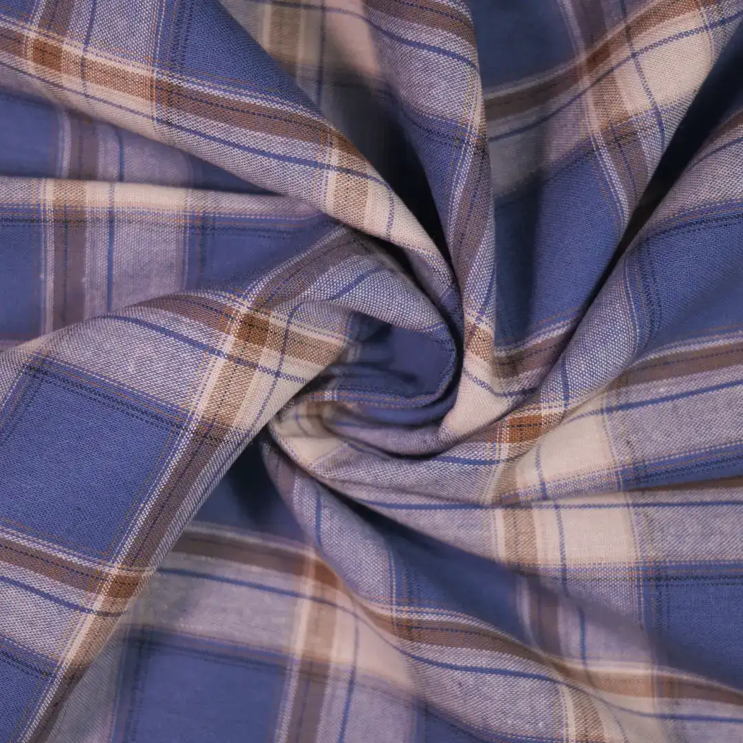 China Fabric for Shirt,Big Pockets Shirt Dress,Stand Collar Double-Breasted Shirt Yarn Dyed Check Woven Blended Fabric Cotton Rayon blue color buy from China wholesaler bulk order at wholesale price free worldwide shipping Alibaba