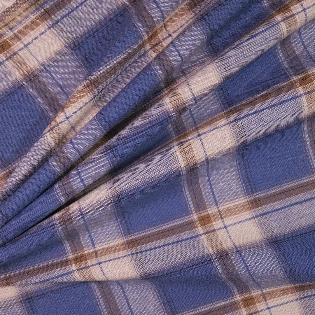 China Fabric for Shirt,Big Pockets Shirt Dress,Stand Collar Double-Breasted Shirt Yarn Dyed Check Woven Blended Fabric Cotton Rayon blue color buy from China wholesaler bulk order at wholesale price free worldwide shipping Alibaba