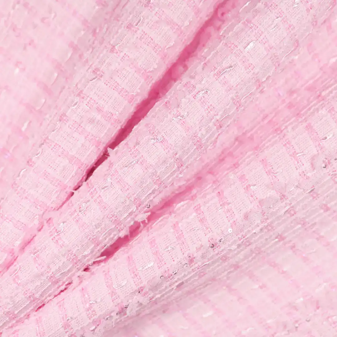 China Fabric for Skirt,Open Waistcoat,Backless Beach Dress Chanel-Style Fabric Woolen Polyester Sequin pink color buy from China wholesaler bulk order at wholesale price free worldwide shipping Alibaba