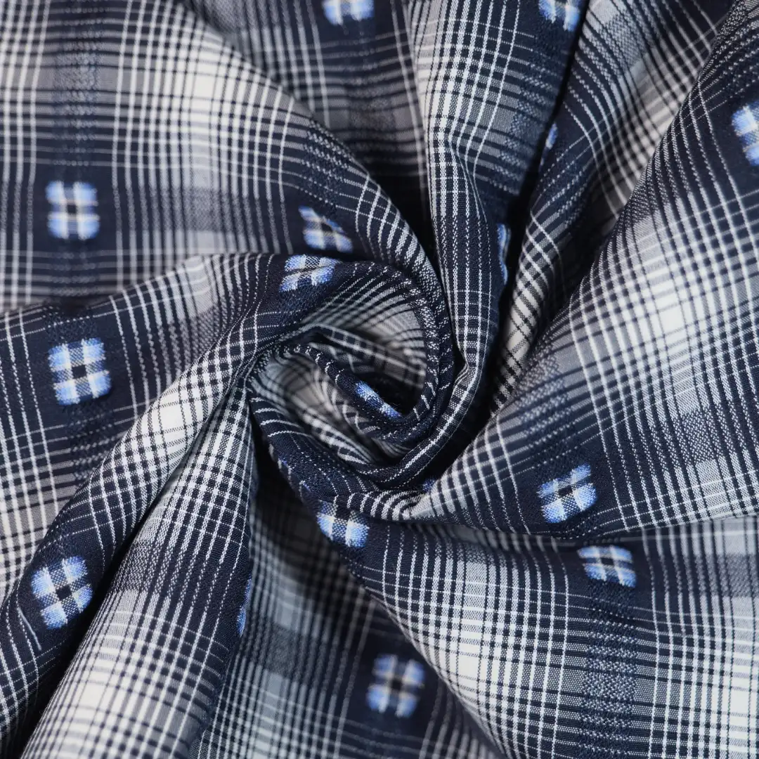 China Fabric for Shirt,Backless Beach Dress,Strap Midi Dress Yarn Dyed Check Woven Blended Fabric Polyester Cotton DARK BLUE color buy from China wholesaler bulk order at wholesale price free worldwide shipping Alibaba