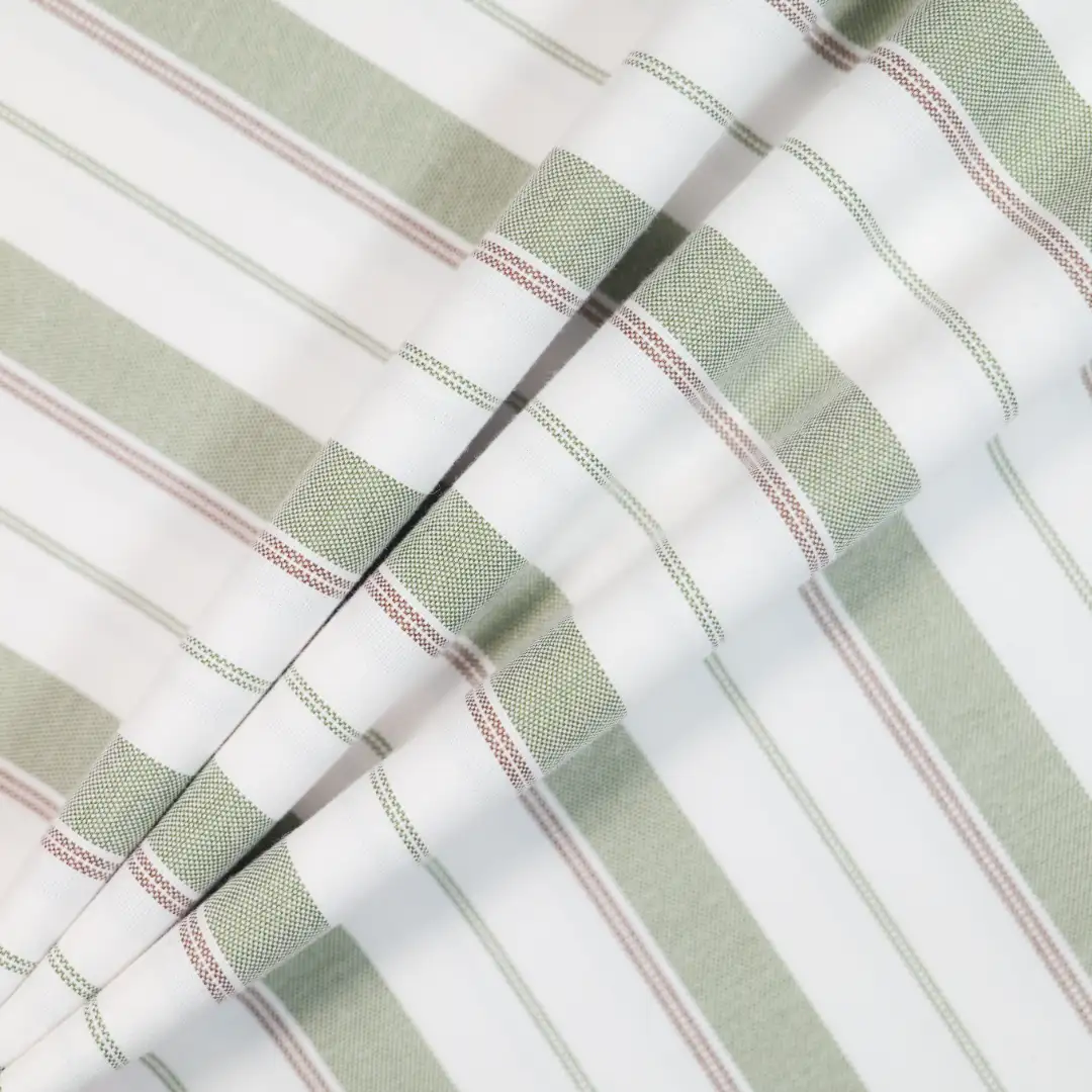 China Fabric for Shirt,Skirt,Backless Beach Dress Yarn Dyed Stripe Woven Blended Fabric Cotton Polyester GREEN WHITE color buy from China wholesaler bulk order at wholesale price free worldwide shipping Alibaba