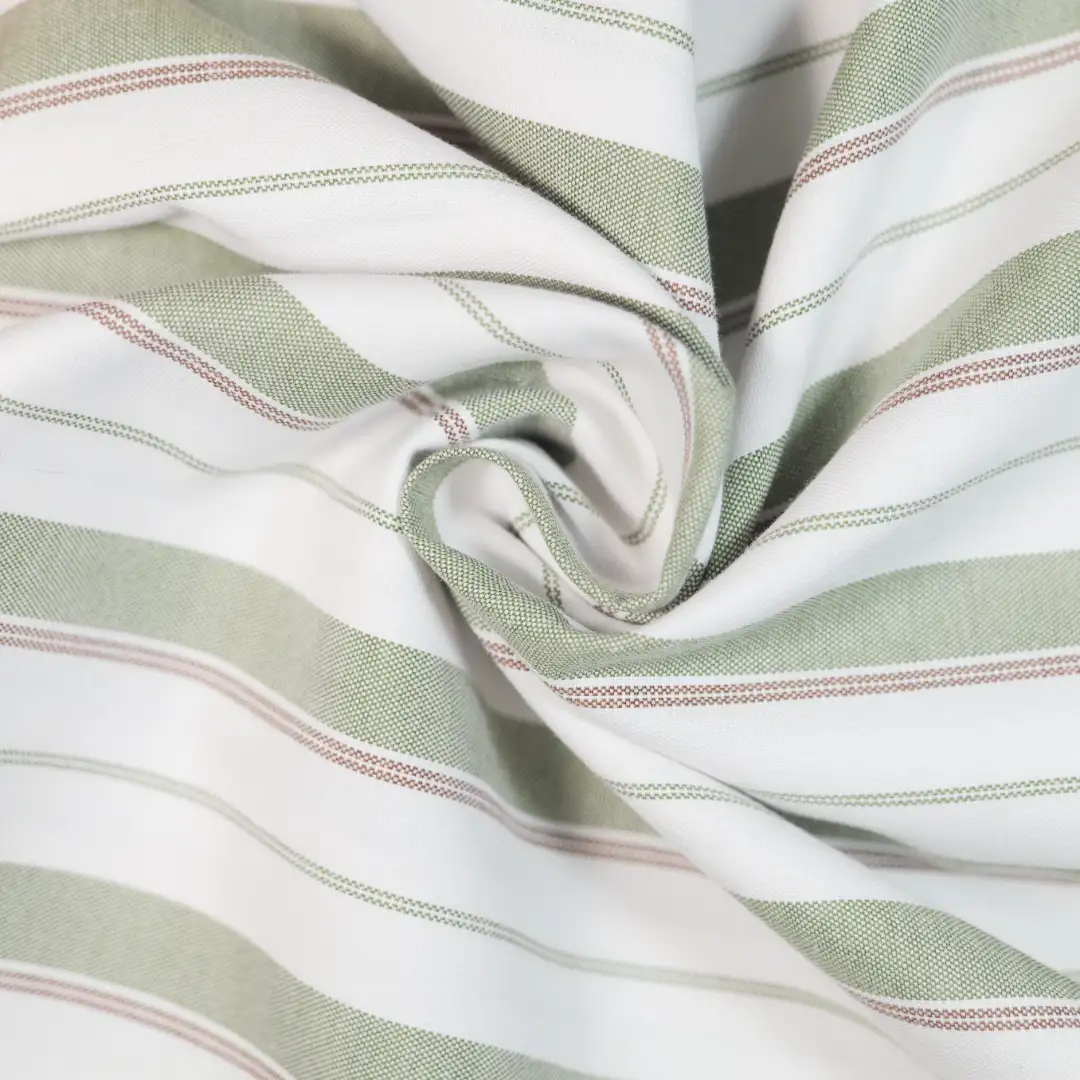 China Fabric for Shirt,Skirt,Backless Beach Dress Yarn Dyed Stripe Woven Blended Fabric Cotton Polyester GREEN WHITE color buy from China wholesaler bulk order at wholesale price free worldwide shipping Alibaba