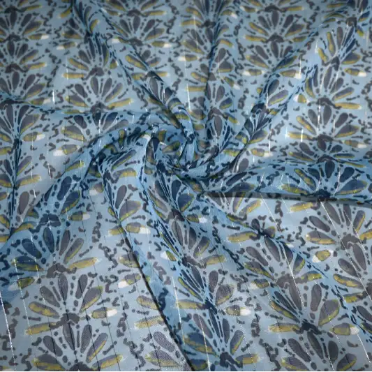 India Fabric for Blouse Polyester chiffon Synthetic Woven Fabric Polyester Lurex Light Blue Flower Print color buy from India wholesaler bulk order at wholesale price free worldwide shipping Alibaba
