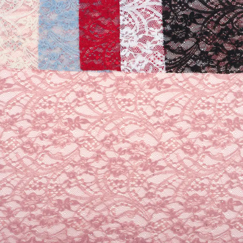 China Fabric for Crop Top,Lingerie,Skirt Lace Knit Fabric Nylon Polyester white、black、Light-peach and green、date red、blue、dusty pink color buy from China wholesaler bulk order at wholesale price free worldwide shipping Alibaba