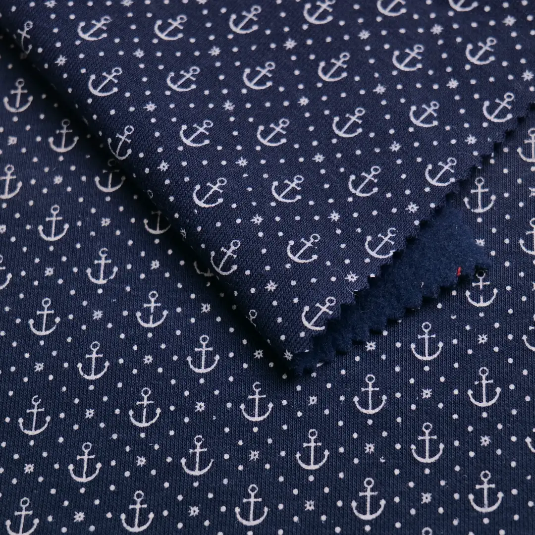 China Fabric for Hoodie,Sweatshirt Fleece Knit Fabric Cotton Polyester Navy with White Print color buy from China wholesaler bulk order at wholesale price free worldwide shipping Alibaba