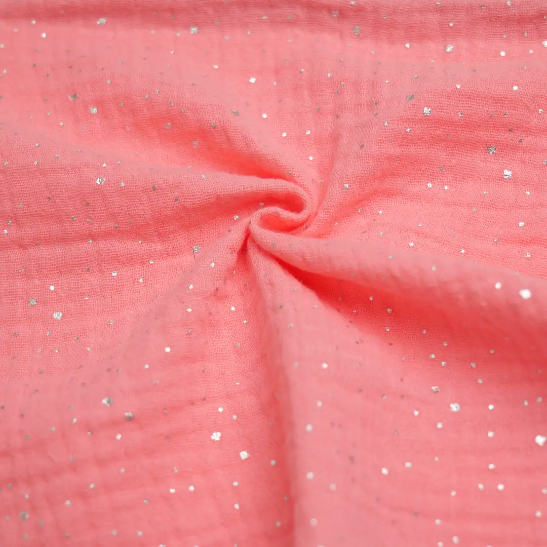 China Fabric for Over Shirt Cotton Double Layer Crepe Gauze Natural Woven Fabric Cotton Pink with Silver Print color buy from China wholesaler bulk order at wholesale price free worldwide shipping Alibaba