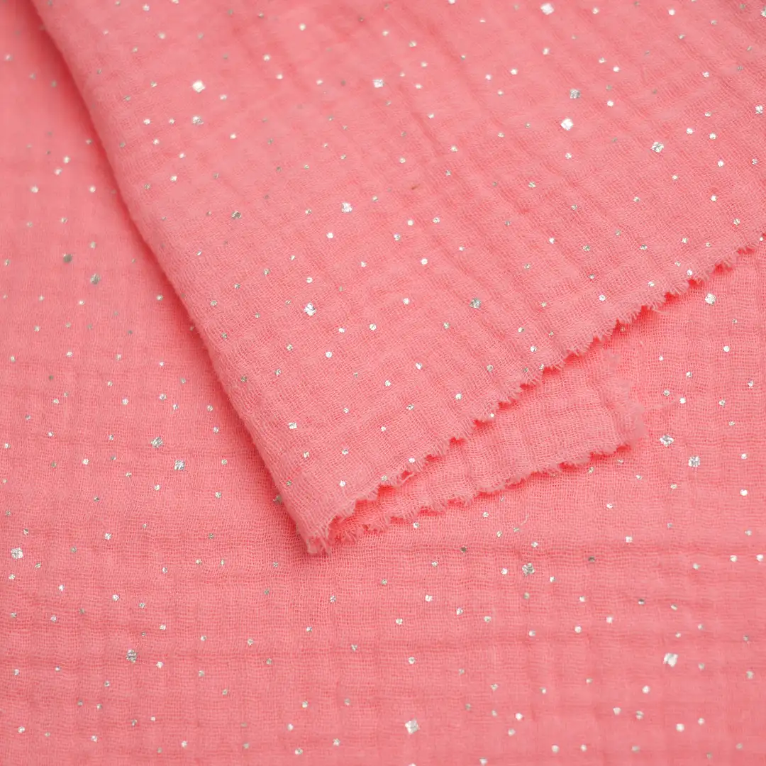 China Fabric for Over Shirt Cotton Double Layer Crepe Gauze Natural Woven Fabric Cotton Pink with Silver Print color buy from China wholesaler bulk order at wholesale price free worldwide shipping Alibaba