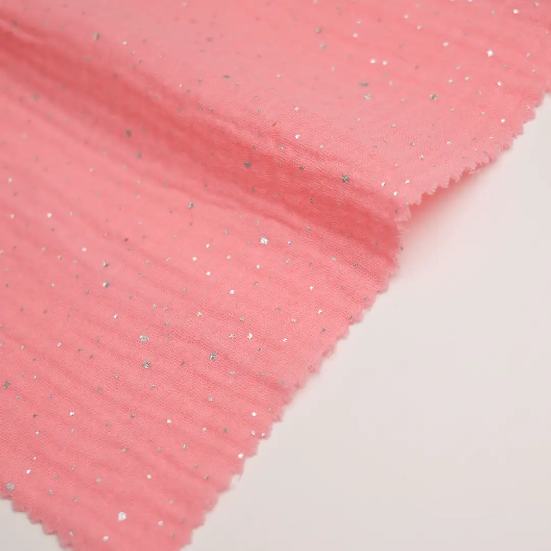 China Fabric for Over Shirt Cotton Double Layer Crepe Gauze Natural Woven Fabric Cotton Pink with Silver Print color buy from China wholesaler bulk order at wholesale price free worldwide shipping Alibaba