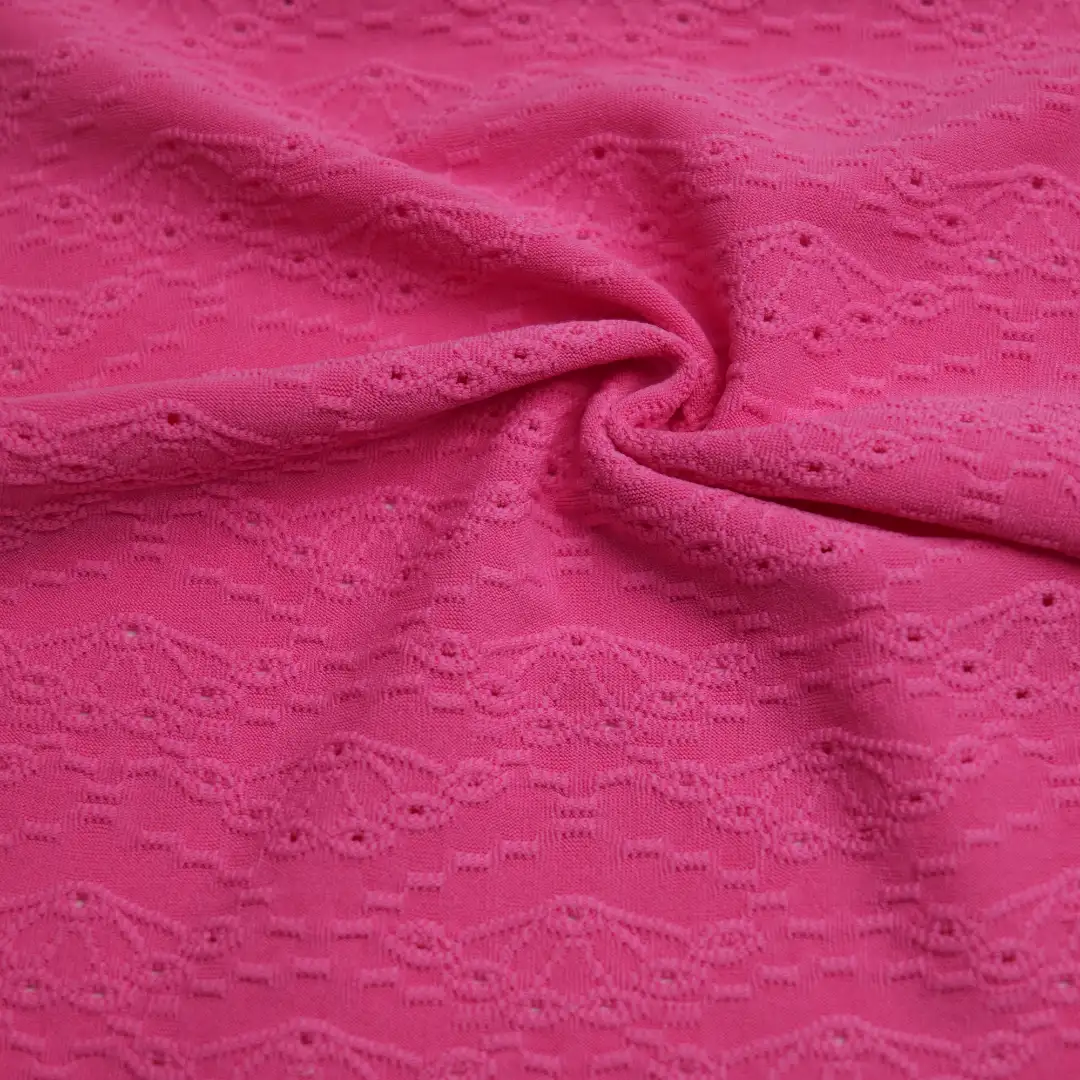 China Fabric for Shirt,Dresses (Pullover) (Sweater) Weft Jacquard Knit Fabric Polyester Spandex Pink color buy from China wholesaler bulk order at wholesale price free worldwide shipping Alibaba