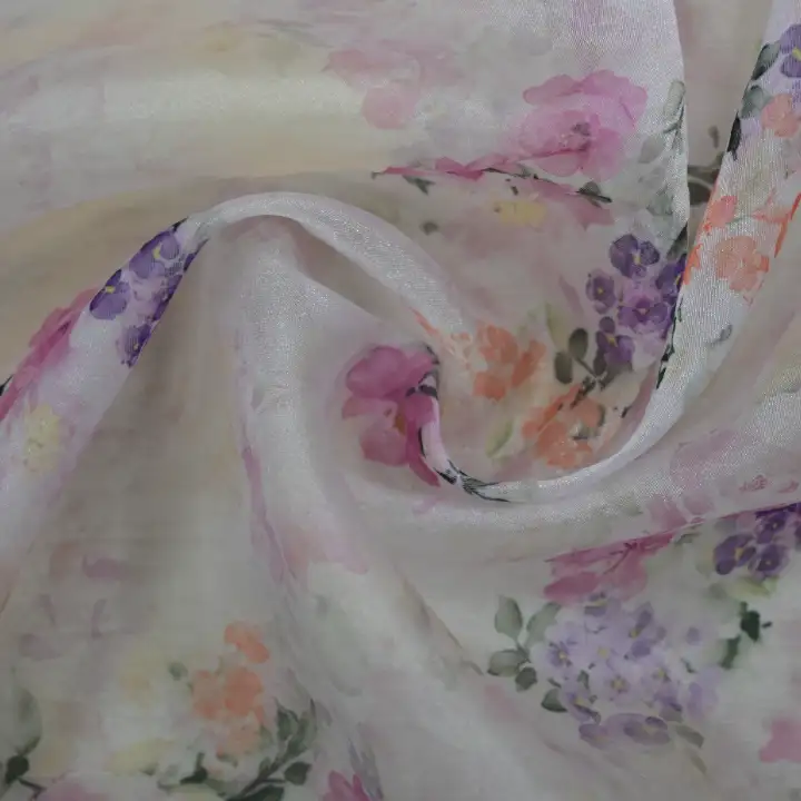 India Fabric for Blouse,Crop Top Polyester Organza Synthetic Woven Fabric Polyester Print Peach color buy from India wholesaler bulk order at wholesale price free worldwide shipping Alibaba