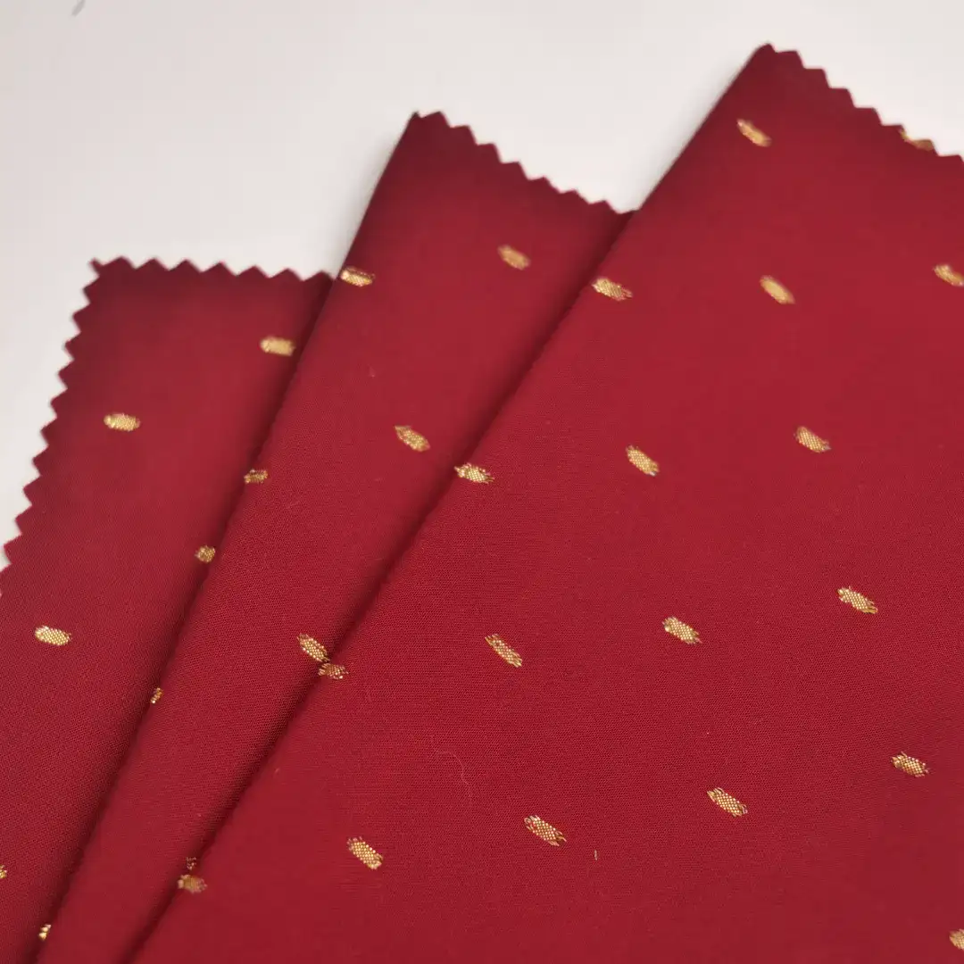 China Fabric for Shirt,Blouse,Skirt,Shirt Long Sleeve Button ,Over Shirt Rayon Jacquard Natural Woven Fabric Rayon Polyester Red With Gold Lurex color buy from China wholesaler bulk order at wholesale price free worldwide shipping Alibaba