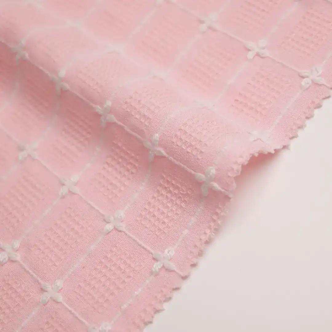 China Fabric for Blouse,Skirt,Shirt Long Sleeve Button  CVC Jacquard Woven Blended Fabric Cotton Polyester Pink & White color buy from China wholesaler bulk order at wholesale price free worldwide shipping Alibaba