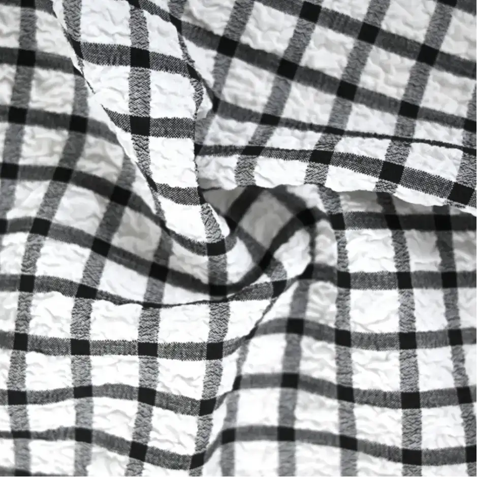 India Fabric for Shirt,Pants,Blouse Polyester Seersucker Synthetic Woven Fabric Polyester Black/White Check color buy from India wholesaler bulk order at wholesale price free worldwide shipping Alibaba