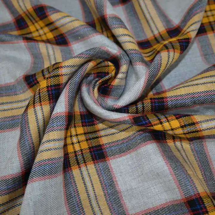 India Fabric for Shirt Viscose Twill Natural Woven Fabric Viscose Grey Yellow Check color buy from India wholesaler bulk order at wholesale price free worldwide shipping Alibaba
