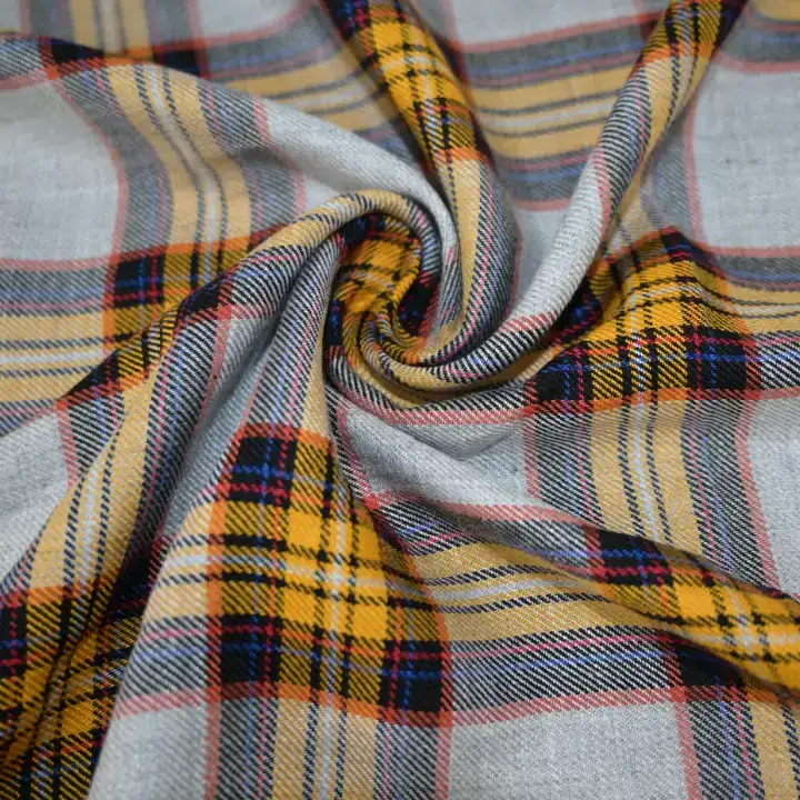 India Fabric for Shirt Viscose Twill Natural Woven Fabric Viscose Grey Yellow Check color buy from India wholesaler bulk order at wholesale price free worldwide shipping Alibaba