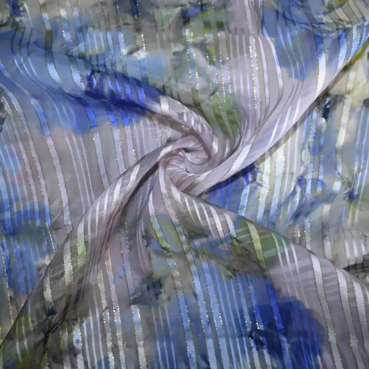 India Fabric for Blouse Polyester Lurex Stripe Print Synthetic Woven Fabric Polyester Lurex Flower Printed color buy from India wholesaler bulk order at wholesale price free worldwide shipping Alibaba
