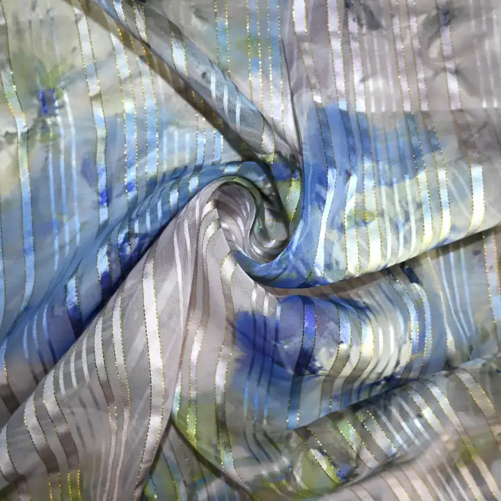 India Fabric for Blouse Polyester Lurex Stripe Print Synthetic Woven Fabric Polyester Lurex Flower Printed color buy from India wholesaler bulk order at wholesale price free worldwide shipping Alibaba