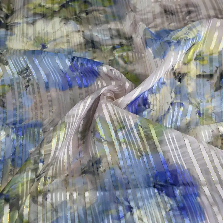 India Fabric for Blouse Polyester Lurex Stripe Print Synthetic Woven Fabric Polyester Lurex Flower Printed color buy from India wholesaler bulk order at wholesale price free worldwide shipping Alibaba