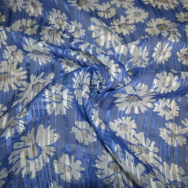 India Fabric for Blouse Polyester Lurex Stripe Print Synthetic Woven Fabric Polyester Lurex Blue Sunflower Print color buy from India wholesaler bulk order at wholesale price free worldwide shipping Alibaba