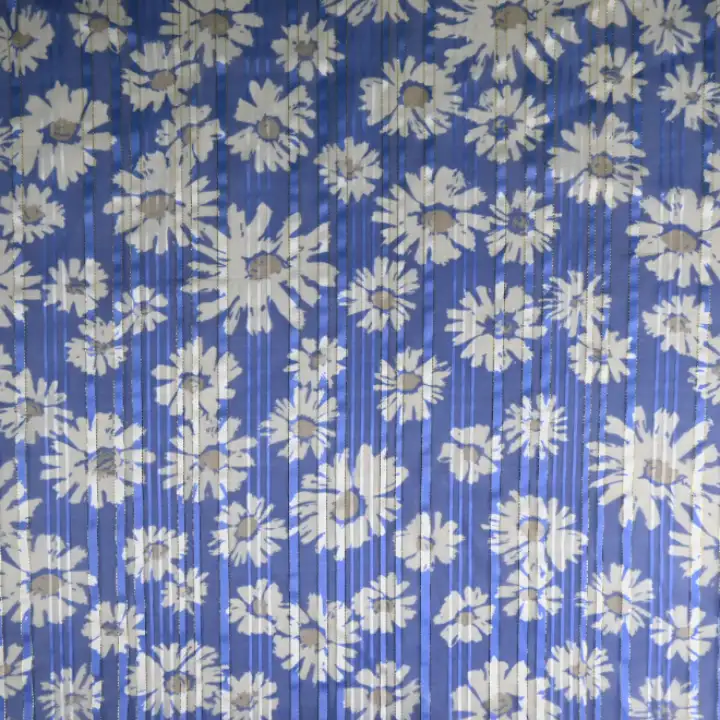 India Fabric for Blouse Polyester Lurex Stripe Print Synthetic Woven Fabric Polyester Lurex Blue Sunflower Print color buy from India wholesaler bulk order at wholesale price free worldwide shipping Alibaba