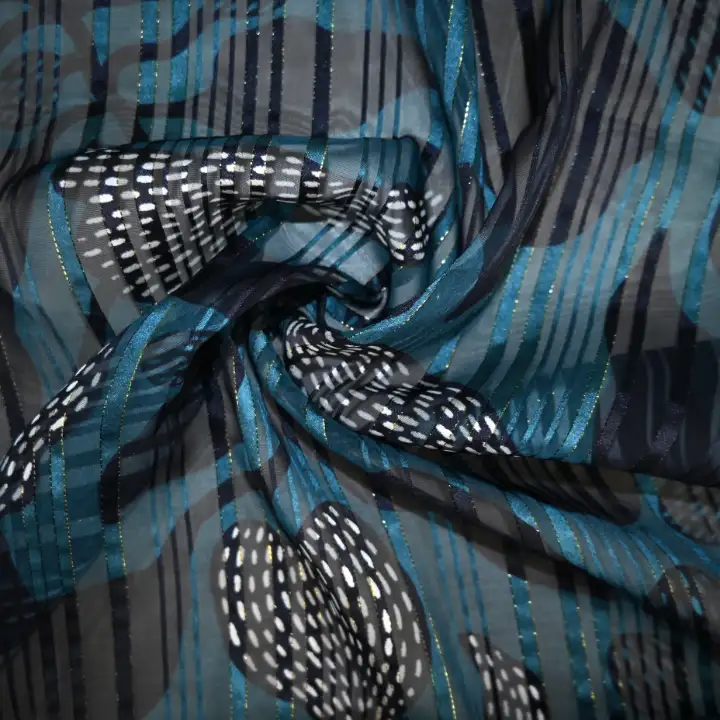 India Fabric for Blouse Polyester Lurex Stripe Print Synthetic Woven Fabric Polyester Lurex Blue Black Print color buy from India wholesaler bulk order at wholesale price free worldwide shipping Alibaba