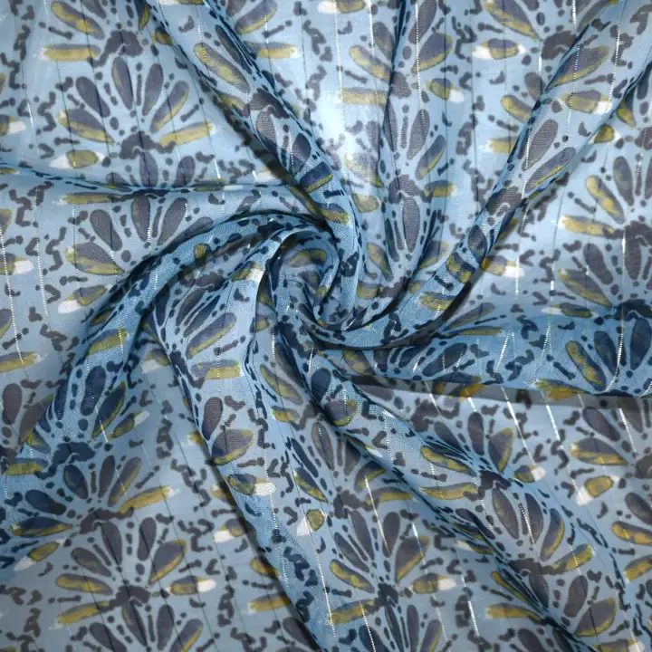 India Fabric for Blouse Polyester chiffon Synthetic Woven Fabric Polyester Lurex Light Blue Flower Print color buy from India wholesaler bulk order at wholesale price free worldwide shipping Alibaba