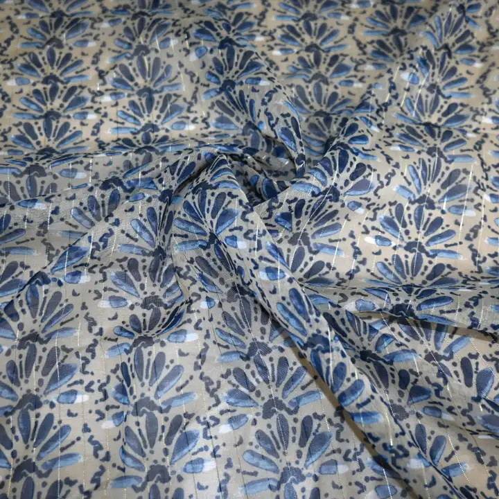India Fabric for Blouse Polyester chiffon Synthetic Woven Fabric Polyester Lurex Beige Flower Print color buy from India wholesaler bulk order at wholesale price free worldwide shipping Alibaba