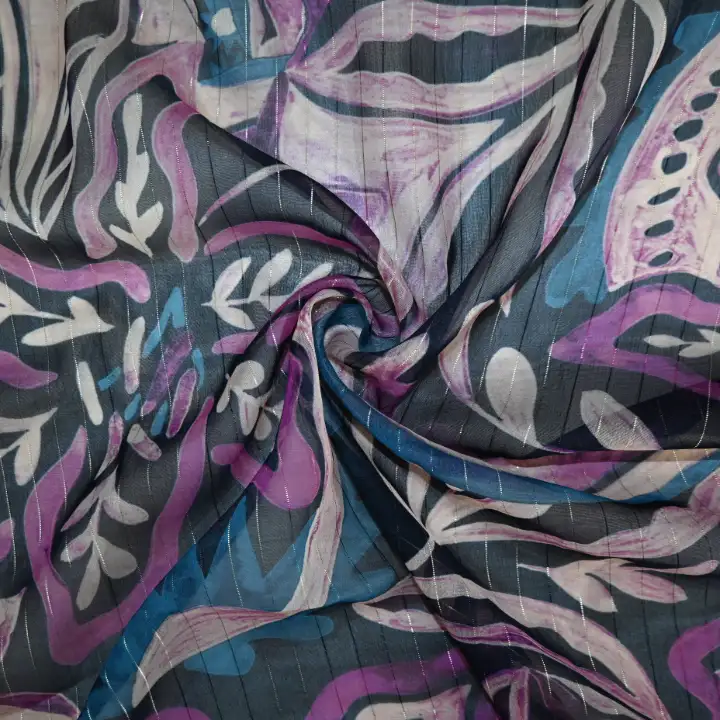 India Fabric for Blouse Polyester chiffon Synthetic Woven Fabric Polyester Lurex Purple Beige Print color buy from India wholesaler bulk order at wholesale price free worldwide shipping Alibaba