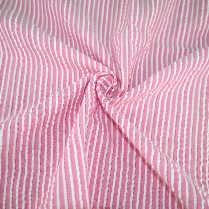 India Fabric for Pants Cotton Seersucker Natural Woven Fabric Cotton Pink Stripe color buy from India wholesaler bulk order at wholesale price free worldwide shipping Alibaba