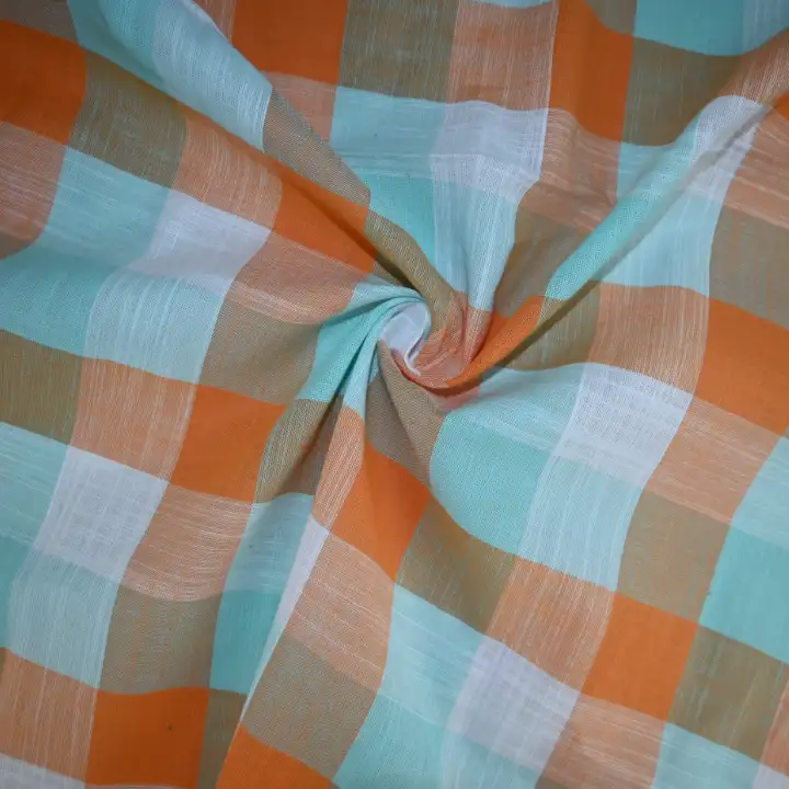 India Fabric for Shirt Cotton Slub Natural Woven Fabric Cotton Orange Light Green Check color buy from India wholesaler bulk order at wholesale price free worldwide shipping Alibaba