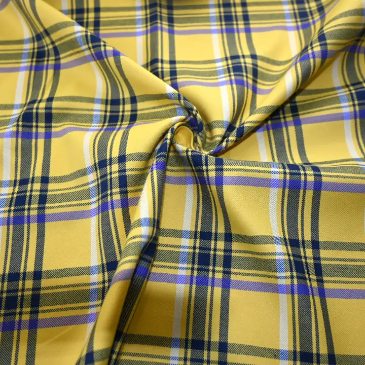 India Fabric for Shirt Yarn Dyed Check Synthetic Woven Fabric POLYESTER COTTON Yellow Check color buy from India wholesaler bulk order at wholesale price free worldwide shipping Alibaba