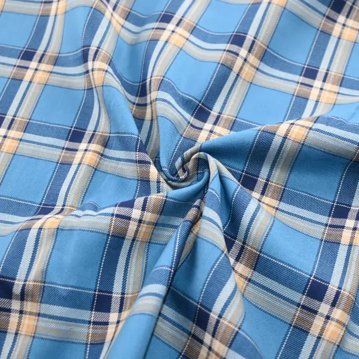 India Fabric for Shirt Yarn Dyed Check Synthetic Woven Fabric COTTON Blue Check color buy from India wholesaler bulk order at wholesale price free worldwide shipping Alibaba