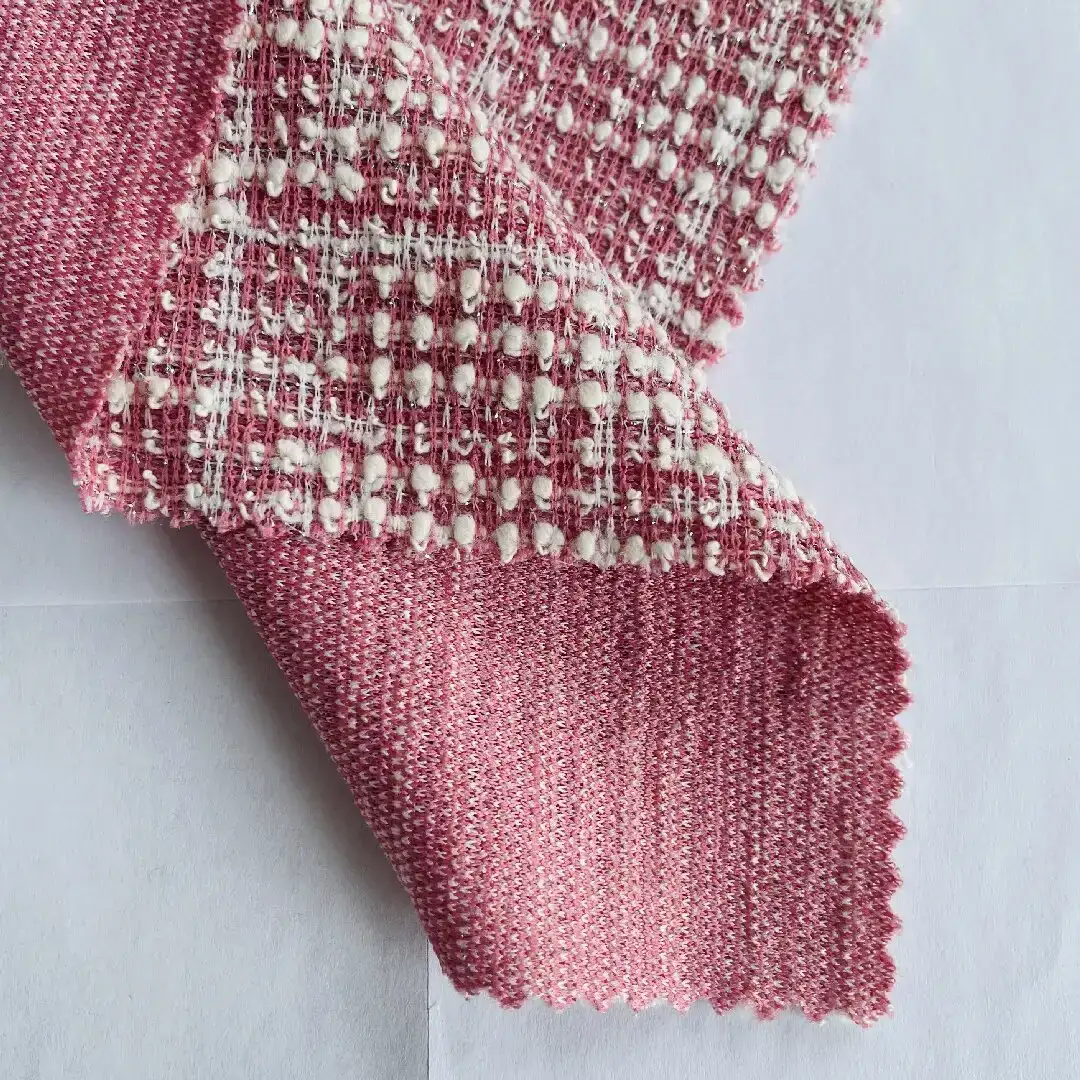 China Fabric for Crop Top Hacci Knit Fabric Polyester Cotton Metallic fiber Spandex Yd-Pink Check color buy from China wholesaler bulk order at wholesale price free worldwide shipping Alibaba