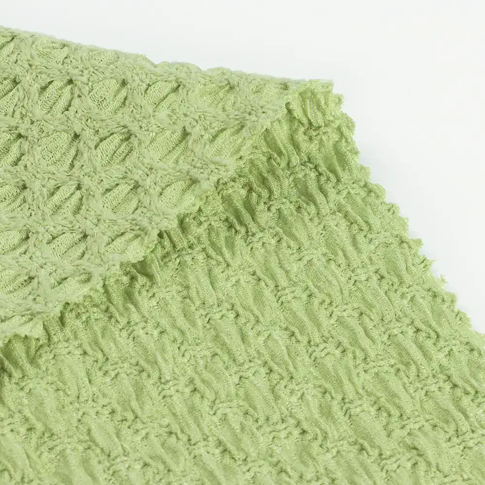 China Fabric for Blouse Weft Jacquard Knit Fabric Polyester Spandex Solid-Green color buy from China wholesaler bulk order at wholesale price free worldwide shipping Alibaba
