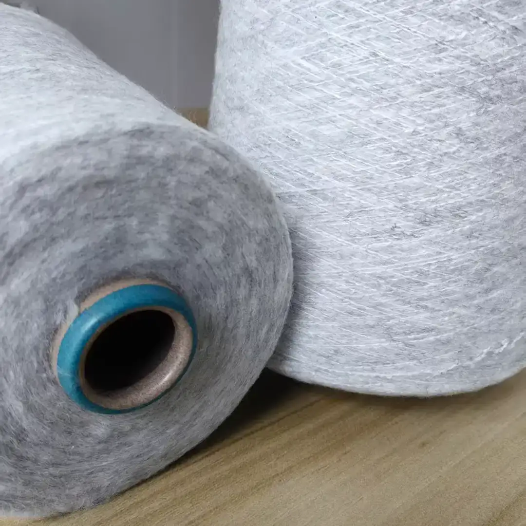 China Yarn for Tank Top,T-shirt (Sweater),Roll Neck Jumper (Sweater) Mossy Yarn Fancy Yarn Cotton Polyester Wool Elastane Gray color buy from China wholesaler bulk order at wholesale price free worldwide shipping Alibaba