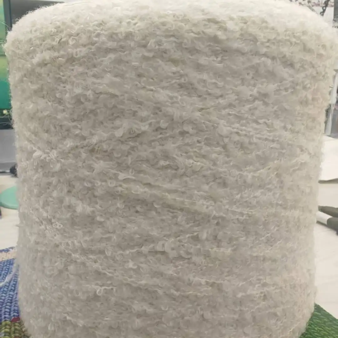 China Yarn for Open Cardigan (Sweater),Full-Zipper Cardigan (Sweater),Half-Zipper Cardigan (Sweater),Shirt Long Sleeve Button (Sweater) Boucle Yarn Fancy Yarn Recycled Polyester Wool Spandex white color buy from China wholesaler bulk order at wholesale price free worldwide shipping Alibaba