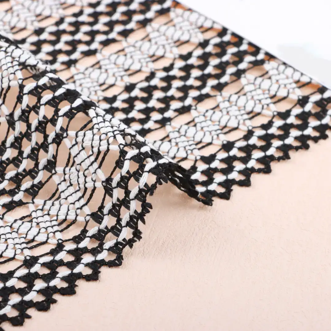 China Fabric for Ladies Vest ,Dresses (Cardigan Open)  Lace Knit Fabric Polyester Cotton Black and white color buy from China wholesaler bulk order at wholesale price free worldwide shipping Alibaba